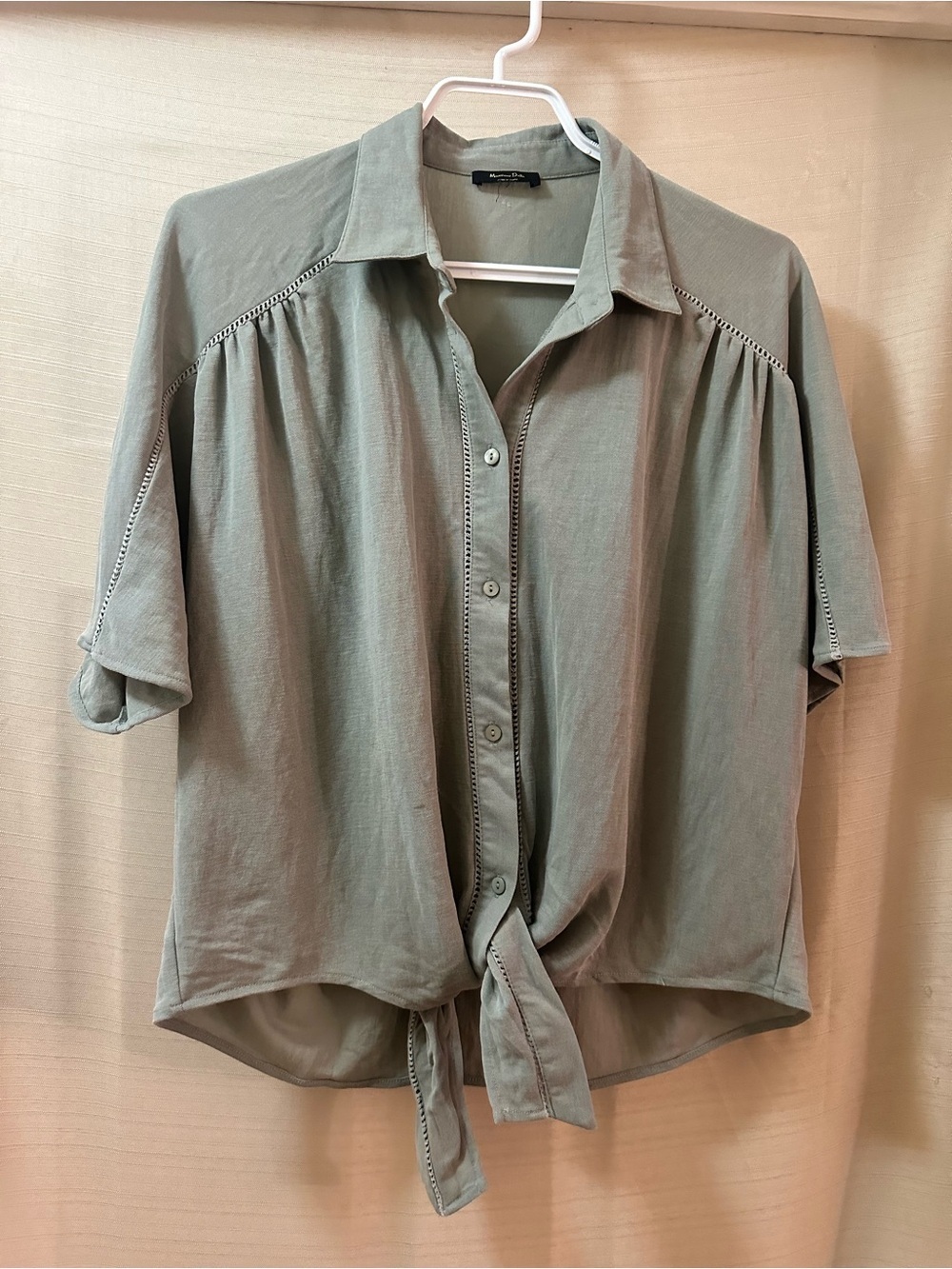 Massimo Dutti Sage Green Boho Tie Front Blouse Short Sleeve Top Large